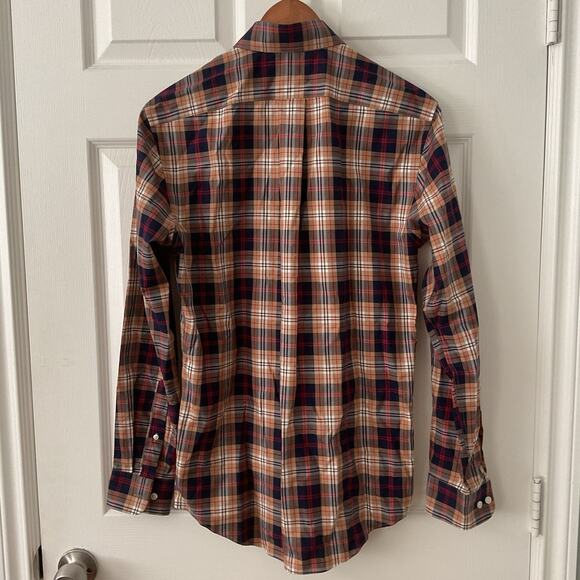 Lands End Button Up Shirt Men S Tan Blue Plaid Cotton No Iron Twill Preppy - Picture 3 of 4